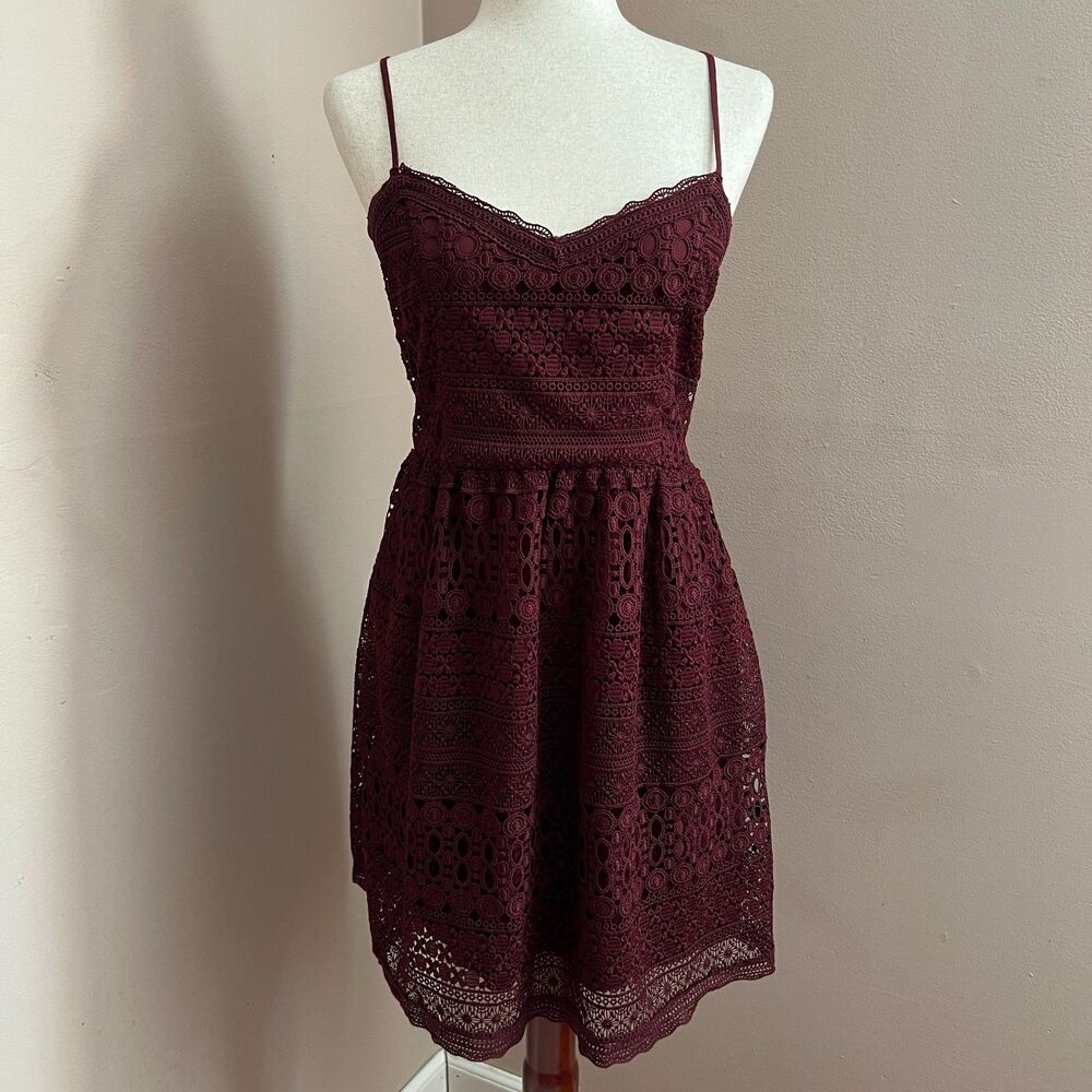 Abercrombie & Fitch Burgundy Lace Mini Dress Coquette Coquette Fit Flare Size M